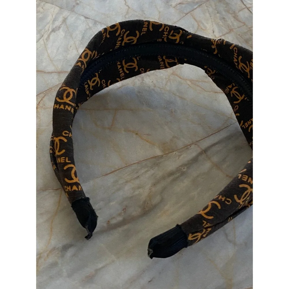 Brown Canvas Logo Print Knotted Headband Gold Tone Motif Accessory